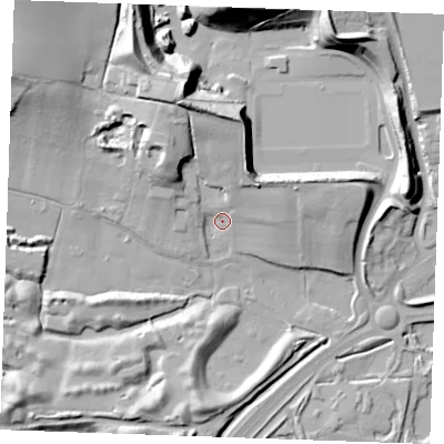 Shaded relief map of the ground around ME65LG, computed from Environment Agency LiDAR. The ground here sits at about 9 m above sea level and falls 28 m across the surrounding 800 m. Surface water reaching this point runs off ground lying to the north-north-west, 21.5 m higher.