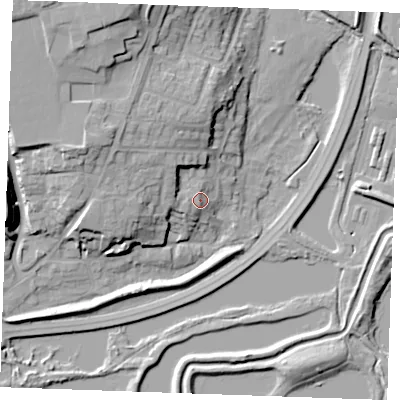 Shaded relief map of the ground around ME65LX, computed from Environment Agency LiDAR. The ground here sits at about 9 m above sea level and falls 22 m across the surrounding 800 m. Surface water reaching this point runs off ground lying to the west-south-west, 1.0 m higher.