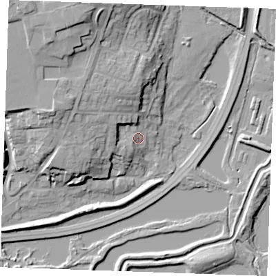 Shaded relief map of the ground around ME65QJ, computed from Environment Agency LiDAR. The ground here sits at about 7 m above sea level and falls 22 m across the surrounding 800 m. Surface water reaching this point runs off ground lying to the west-north-west, 7.3 m higher.