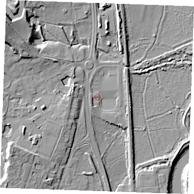 Shaded relief map of the ground around ME65SL, computed from Environment Agency LiDAR. The ground here sits at about 7 m above sea level and falls 24 m across the surrounding 800 m. Surface water reaching this point runs off ground lying to the south-west, 3.6 m higher.