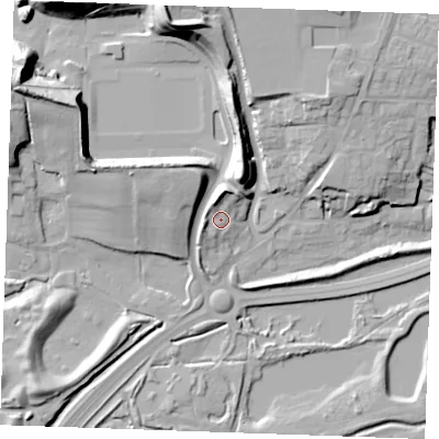 Shaded relief map of the ground around ME65ST, computed from Environment Agency LiDAR. The ground here sits at about 9 m above sea level and falls 27 m across the surrounding 800 m. Surface water reaching this point runs off ground lying to the north, 6.9 m higher.
