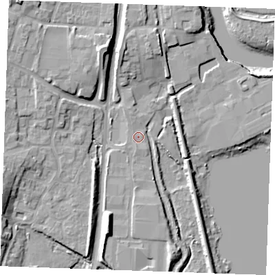 Shaded relief map of the ground around ME65UD, computed from Environment Agency LiDAR. The ground here sits at about 5 m above sea level and falls 13 m across the surrounding 800 m. Surface water reaching this point runs off ground lying to the south, 0.9 m higher.