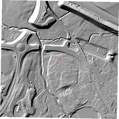 Shaded relief map of the ground around MK107AB, computed from Environment Agency LiDAR. The ground here sits at about 61 m above sea level and falls 15 m across the surrounding 800 m. Surface water reaching this point runs off ground lying to the south-south-east, 1.6 m higher.