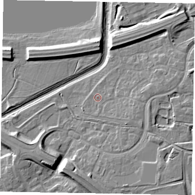 Shaded relief map of the ground around MK109JP, computed from Environment Agency LiDAR. The ground here sits at about 62 m above sea level and falls 10 m across the surrounding 800 m. Surface water reaching this point runs off ground lying to the east-south-east, 4.0 m higher.