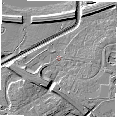 Shaded relief map of the ground around MK109JT, computed from Environment Agency LiDAR. The ground here sits at about 61 m above sea level and falls 10 m across the surrounding 800 m. Surface water reaching this point runs off ground lying to the south, 7.8 m higher.