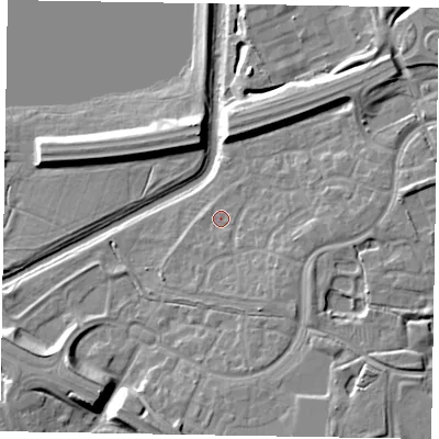 Shaded relief map of the ground around MK109JW, computed from Environment Agency LiDAR. The ground here sits at about 62 m above sea level and falls 10 m across the surrounding 800 m. Surface water reaching this point runs off ground lying to the east-south-east, 4.5 m higher.