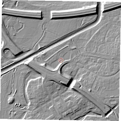 Shaded relief map of the ground around MK109JZ, computed from Environment Agency LiDAR. The ground here sits at about 62 m above sea level and falls 10 m across the surrounding 800 m. Surface water reaching this point runs off ground lying to the south-east, 7.8 m higher.