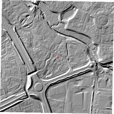Shaded relief map of the ground around MK109LD, computed from Environment Agency LiDAR. The ground here sits at about 62 m above sea level and falls 9 m across the surrounding 800 m. Surface water reaching this point runs off ground lying to the south-west, 7.1 m higher.