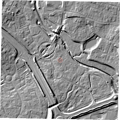 Shaded relief map of the ground around MK109LG, computed from Environment Agency LiDAR. The ground here sits at about 61 m above sea level and falls 9 m across the surrounding 800 m. Surface water reaching this point runs off ground lying to the south, 1.4 m higher.