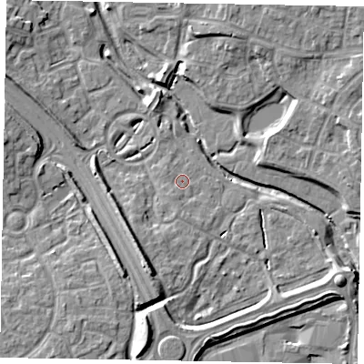 Shaded relief map of the ground around MK109LH, computed from Environment Agency LiDAR. The ground here sits at about 61 m above sea level and falls 9 m across the surrounding 800 m. Surface water reaching this point runs off ground lying to the south-south-west, 1.3 m higher.