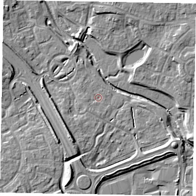 Shaded relief map of the ground around MK109LP, computed from Environment Agency LiDAR. The ground here sits at about 61 m above sea level and falls 9 m across the surrounding 800 m. Surface water reaching this point runs off ground lying to the south-south-west, 1.6 m higher.