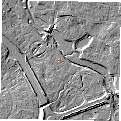 Shaded relief map of the ground around MK109LQ, computed from Environment Agency LiDAR. The ground here sits at about 61 m above sea level and falls 9 m across the surrounding 800 m. Surface water reaching this point runs off ground lying to the south-south-west, 1.7 m higher.