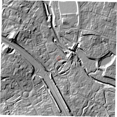 Shaded relief map of the ground around MK109LR, computed from Environment Agency LiDAR. The ground here sits at about 61 m above sea level and falls 10 m across the surrounding 800 m. Surface water reaching this point runs off ground lying to the east, 1.9 m higher.