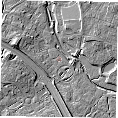 Shaded relief map of the ground around MK109LW, computed from Environment Agency LiDAR. The ground here sits at about 61 m above sea level and falls 10 m across the surrounding 800 m. Surface water reaching this point runs off ground lying to the west, 8.9 m higher.
