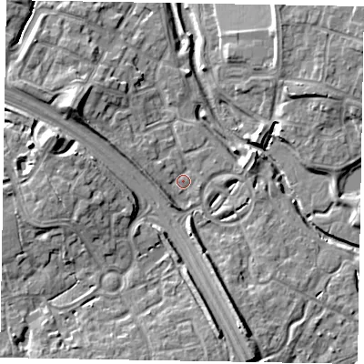 Shaded relief map of the ground around MK109LX, computed from Environment Agency LiDAR. The ground here sits at about 61 m above sea level and falls 10 m across the surrounding 800 m. Surface water reaching this point runs off ground lying to the west-north-west, 8.9 m higher.