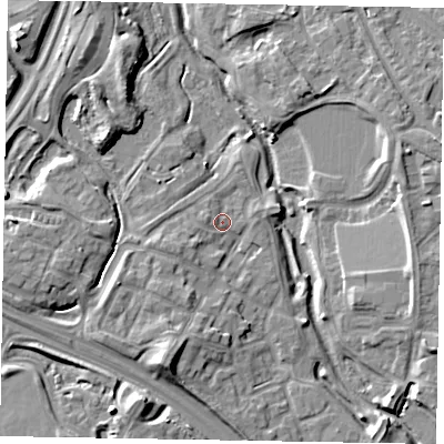 Shaded relief map of the ground around MK109LY, computed from Environment Agency LiDAR. The ground here sits at about 61 m above sea level and falls 11 m across the surrounding 800 m. Surface water reaching this point runs off ground lying to the south-south-west, 8.1 m higher.