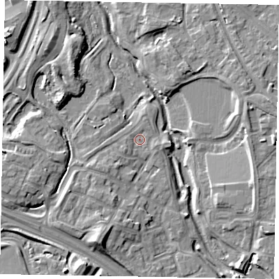 Shaded relief map of the ground around MK109LZ, computed from Environment Agency LiDAR. The ground here sits at about 60 m above sea level and falls 11 m across the surrounding 800 m. Surface water reaching this point runs off ground lying to the south-west, 1.8 m higher.