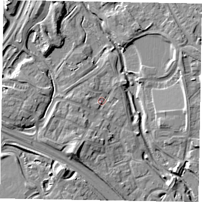 Shaded relief map of the ground around MK109NJ, computed from Environment Agency LiDAR. The ground here sits at about 61 m above sea level and falls 11 m across the surrounding 800 m. Surface water reaching this point runs off ground lying to the south-south-west, 8.1 m higher.