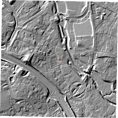 Shaded relief map of the ground around MK109NL, computed from Environment Agency LiDAR. The ground here sits at about 61 m above sea level and falls 11 m across the surrounding 800 m. Surface water reaching this point runs off ground lying to the west, 8.0 m higher.