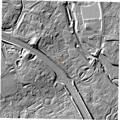 Shaded relief map of the ground around MK109NP, computed from Environment Agency LiDAR. The ground here sits at about 62 m above sea level and falls 10 m across the surrounding 800 m. Surface water reaching this point runs off ground lying to the west-north-west, 1.5 m higher.