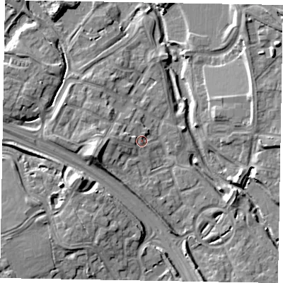 Shaded relief map of the ground around MK109NQ, computed from Environment Agency LiDAR. The ground here sits at about 62 m above sea level and falls 11 m across the surrounding 800 m. Surface water reaching this point runs off ground lying to the west, 3.5 m higher.