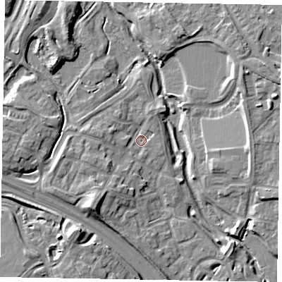 Shaded relief map of the ground around MK109NT, computed from Environment Agency LiDAR. The ground here sits at about 61 m above sea level and falls 11 m across the surrounding 800 m. Surface water reaching this point runs off ground lying to the south-west, 8.1 m higher.