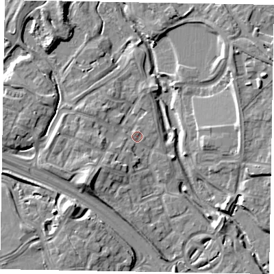 Shaded relief map of the ground around MK109NU, computed from Environment Agency LiDAR. The ground here sits at about 61 m above sea level and falls 11 m across the surrounding 800 m. Surface water reaching this point runs off ground lying to the south-west, 3.7 m higher.