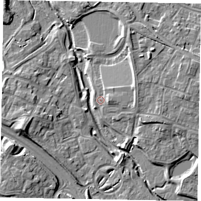 Shaded relief map of the ground around MK109NZ, computed from Environment Agency LiDAR. The ground here sits at about 61 m above sea level and falls 11 m across the surrounding 800 m. Surface water reaching this point runs off ground lying to the east-north-east, 4.6 m higher.