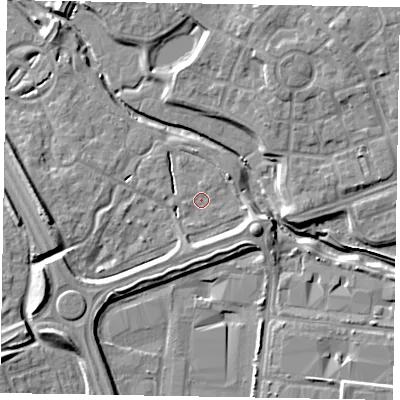Shaded relief map of the ground around MK109QH, computed from Environment Agency LiDAR. The ground here sits at about 61 m above sea level and falls 9 m across the surrounding 800 m. Surface water reaching this point runs off ground lying to the west-south-west, 7.3 m higher.
