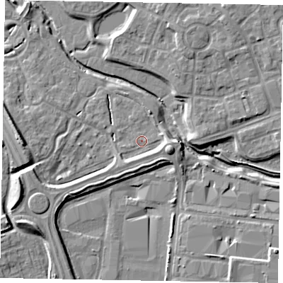 Shaded relief map of the ground around MK109QJ, computed from Environment Agency LiDAR. The ground here sits at about 61 m above sea level and falls 9 m across the surrounding 800 m. Surface water reaching this point runs off ground lying to the east, 3.3 m higher.