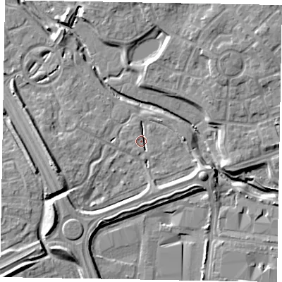 Shaded relief map of the ground around MK109QL, computed from Environment Agency LiDAR. The ground here sits at about 61 m above sea level and falls 9 m across the surrounding 800 m. Surface water reaching this point runs off ground lying to the south-west, 7.5 m higher.