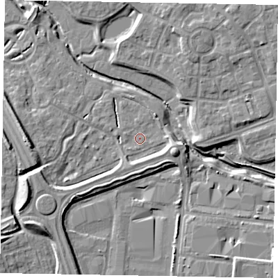 Shaded relief map of the ground around MK109QN, computed from Environment Agency LiDAR. The ground here sits at about 61 m above sea level and falls 9 m across the surrounding 800 m. Surface water reaching this point runs off ground lying to the west-south-west, 7.3 m higher.