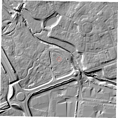 Shaded relief map of the ground around MK109QP, computed from Environment Agency LiDAR. The ground here sits at about 61 m above sea level and falls 9 m across the surrounding 800 m. Surface water reaching this point runs off ground lying to the south-west, 7.3 m higher.