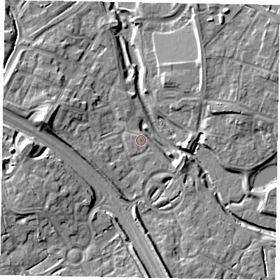 Shaded relief map of the ground around MK109QW, computed from Environment Agency LiDAR. The ground here sits at about 61 m above sea level and falls 11 m across the surrounding 800 m. Surface water reaching this point runs off ground lying to the west, 10.0 m higher.