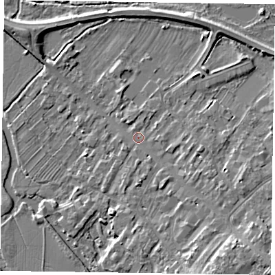 Shaded relief map of the ground around MK111AH, computed from Environment Agency LiDAR. The ground here sits at about 66 m above sea level and falls 9 m across the surrounding 800 m. Surface water reaching this point runs off ground lying to the south-south-east, 6.0 m higher.