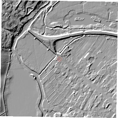 Shaded relief map of the ground around MK111AP, computed from Environment Agency LiDAR. The ground here sits at about 65 m above sea level and falls 10 m across the surrounding 800 m. Surface water reaching this point runs off ground lying to the south-east, 3.1 m higher.