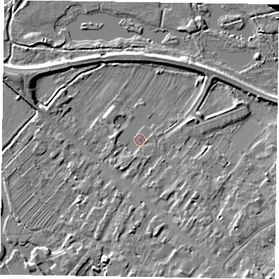 Shaded relief map of the ground around MK111AR, computed from Environment Agency LiDAR. The ground here sits at about 65 m above sea level and falls 8 m across the surrounding 800 m. Surface water reaching this point runs off ground lying to the south-south-west, 1.7 m higher.