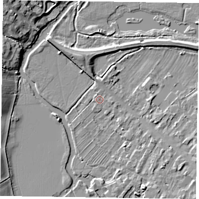 Shaded relief map of the ground around MK111AS, computed from Environment Agency LiDAR. The ground here sits at about 65 m above sea level and falls 9 m across the surrounding 800 m. Surface water reaching this point runs off ground lying to the north-north-east, 0.5 m higher.
