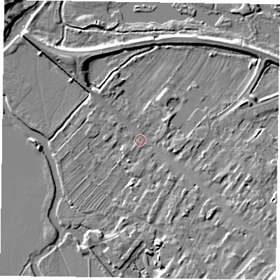 Shaded relief map of the ground around MK111AT, computed from Environment Agency LiDAR. The ground here sits at about 65 m above sea level and falls 7 m across the surrounding 800 m. Surface water reaching this point runs off ground lying to the south-east, 4.8 m higher.