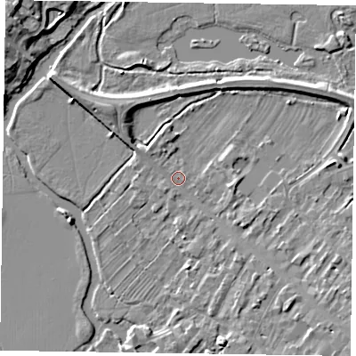Shaded relief map of the ground around MK111AW, computed from Environment Agency LiDAR. The ground here sits at about 65 m above sea level and falls 7 m across the surrounding 800 m. Surface water reaching this point runs off ground lying to the south-east, 3.3 m higher.