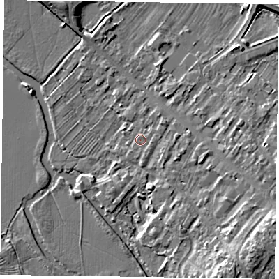 Shaded relief map of the ground around MK111BL, computed from Environment Agency LiDAR. The ground here sits at about 66 m above sea level and falls 9 m across the surrounding 800 m. Surface water reaching this point runs off ground lying to the north-east, 1.5 m higher.