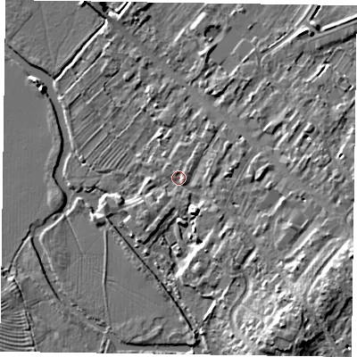 Shaded relief map of the ground around MK111BQ, computed from Environment Agency LiDAR. The ground here sits at about 65 m above sea level and falls 9 m across the surrounding 800 m. Surface water reaching this point runs off ground lying to the south-south-east, 3.0 m higher.