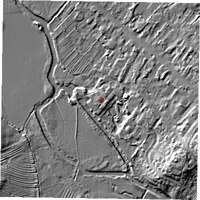 Shaded relief map of the ground around MK111FG, computed from Environment Agency LiDAR. The ground here sits at about 66 m above sea level and falls 9 m across the surrounding 800 m. Surface water reaching this point runs off ground lying to the west-north-west, 0.7 m higher.