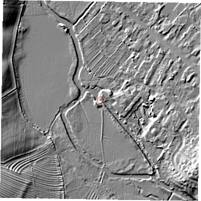 Shaded relief map of the ground around MK111FH, computed from Environment Agency LiDAR. The ground here sits at about 65 m above sea level and falls 8 m across the surrounding 800 m. Surface water reaching this point runs off ground lying to the south-east, 1.5 m higher.