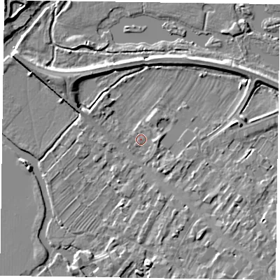 Shaded relief map of the ground around MK111LJ, computed from Environment Agency LiDAR. The ground here sits at about 65 m above sea level and falls 6 m across the surrounding 800 m. Surface water reaching this point runs off ground lying to the east-south-east, 0.8 m higher.