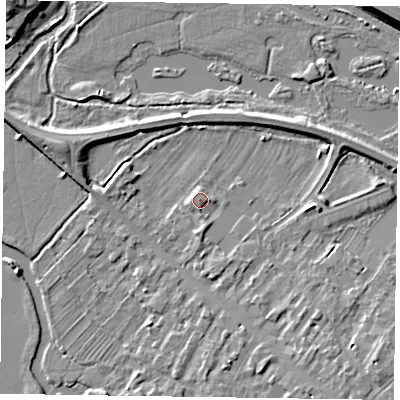 Shaded relief map of the ground around MK111LS, computed from Environment Agency LiDAR. The ground here sits at about 65 m above sea level and falls 7 m across the surrounding 800 m. Surface water reaching this point runs off ground lying to the south-east, 4.7 m higher.
