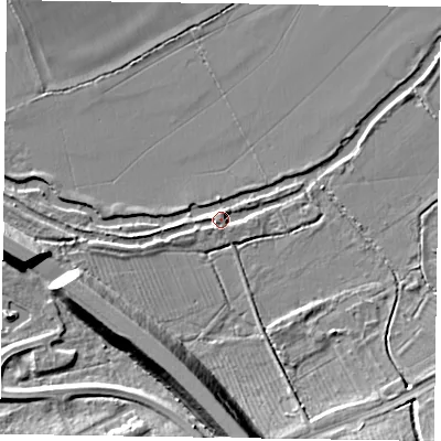 Shaded relief map of the ground around MK125PR, computed from Environment Agency LiDAR. The ground here sits at about 64 m above sea level and falls 13 m across the surrounding 800 m. Surface water reaching this point runs off ground lying to the west, 2.0 m higher.