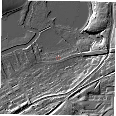 Shaded relief map of the ground around MK130AD, computed from Environment Agency LiDAR. The ground here sits at about 61 m above sea level and falls 24 m across the surrounding 800 m. Surface water reaching this point runs off ground lying to the south-south-west, 2.0 m higher.