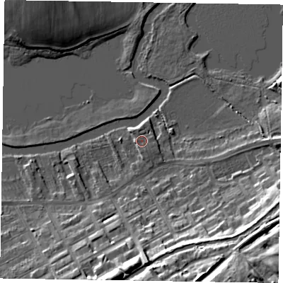 Shaded relief map of the ground around MK130FA, computed from Environment Agency LiDAR. The ground here sits at about 61 m above sea level and falls 22 m across the surrounding 800 m. Surface water reaching this point runs off ground lying to the south-south-east, 1.7 m higher.