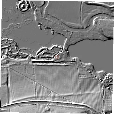 Shaded relief map of the ground around MK145AH, computed from Environment Agency LiDAR. The ground here sits at about 59 m above sea level and falls 19 m across the surrounding 800 m. Surface water reaching this point runs off ground lying to the south-west, 2.2 m higher.